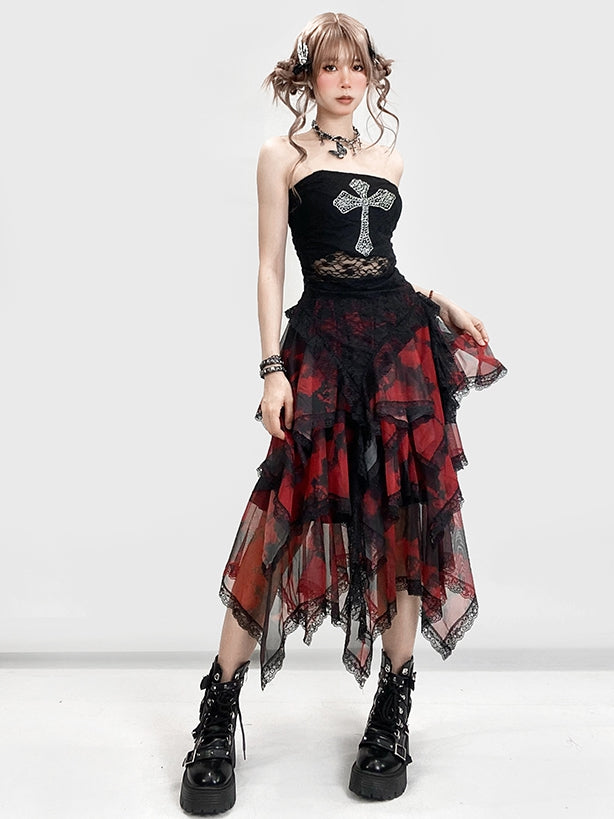 Tie Red Trim Lace Hem Y2K Skirt Handkerchief Dye Tiered