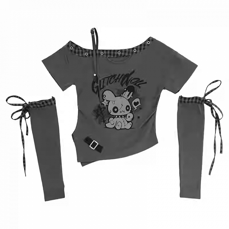 Free Y2K T-Shirt with Asymmetrical Neckline Bunny Print Red/Black Armwear