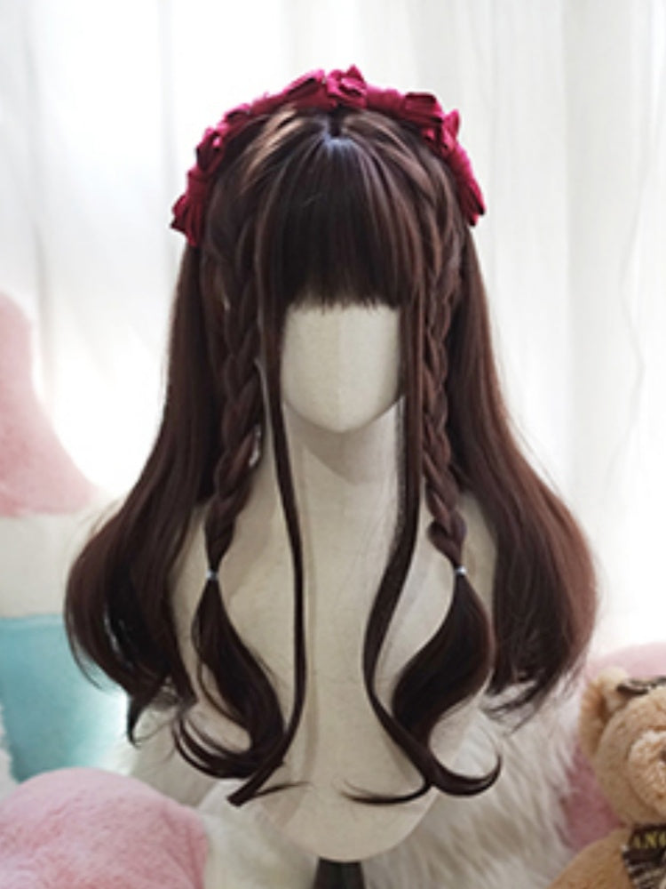 Dark Brown Long Wavy Wig With Full Bangs