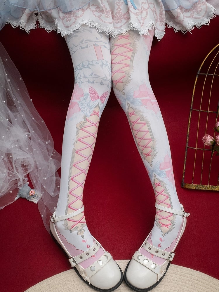 Butterfly Print Crisscorss Banded Tights And Asymmetrical Pink/Blue/Black/Yellow/Red