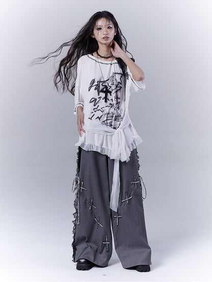 Dark Gray Lace Patches Details with Casual Pants Side Lace-up