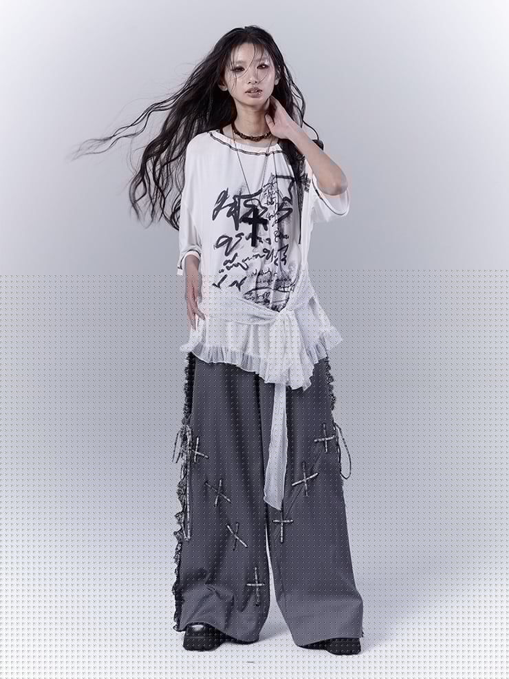 Graphic T-Shirt with Waist Hem White Asymmetrical Neckline Ruffle Strap Self-tie