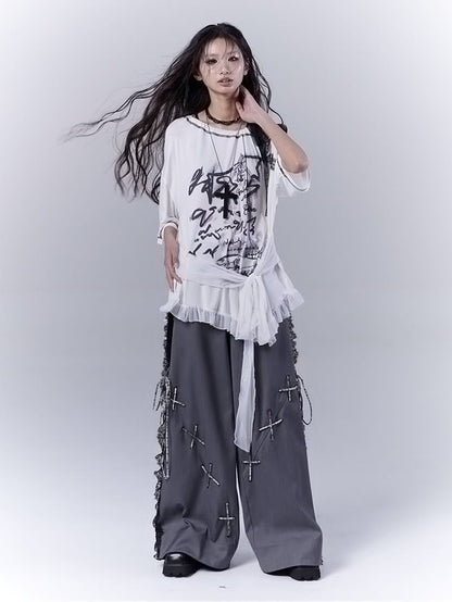 Graphic T-Shirt with Waist Hem White Asymmetrical Neckline Ruffle Strap Self-tie