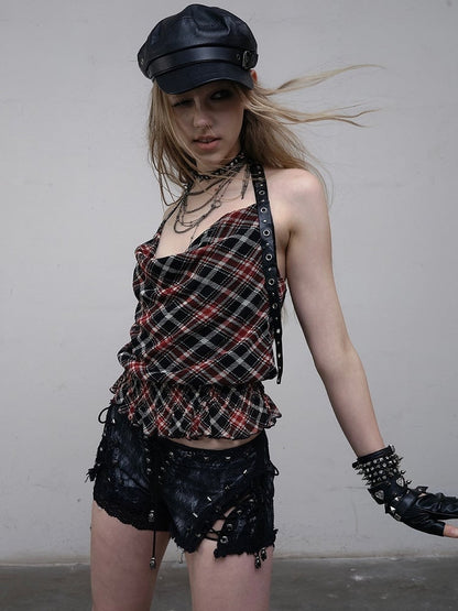 Punk Wasteland Halter Top Neck Neckline Trim Pattern BlackRed Glamorous Plaid Ruffles Cowl