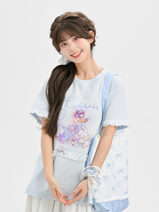 Blue Round Neck Lace Loose T-Shirt Applique Cancer Constellation Print