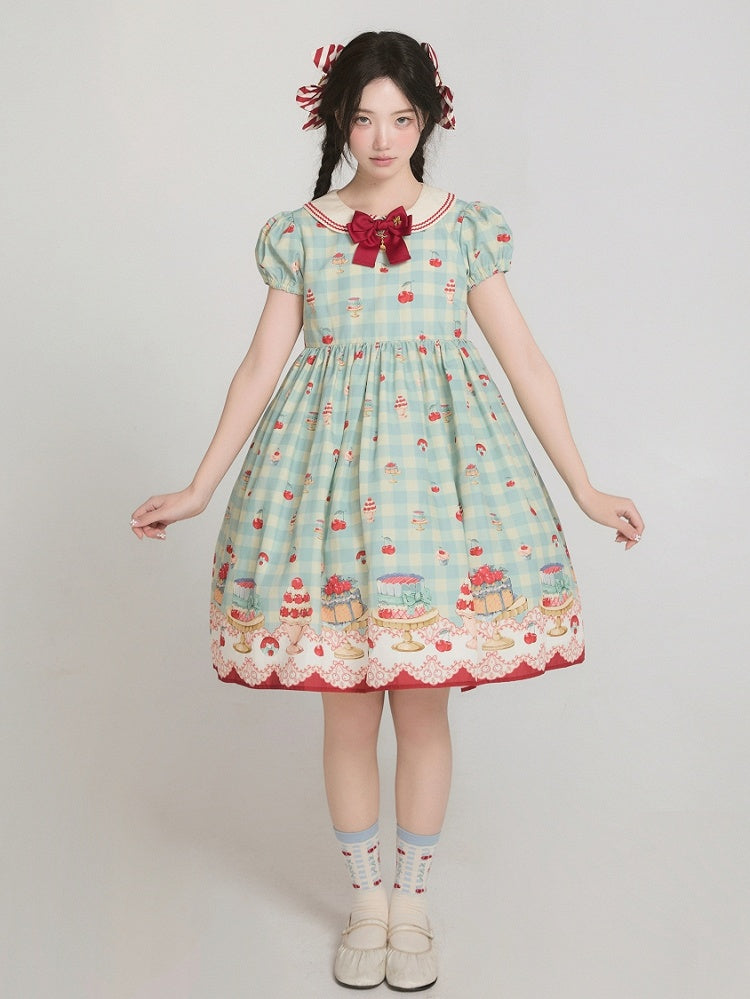 Robe Sweet Lolita vichy taille haute vert menthe à imprimé cerises et desserts