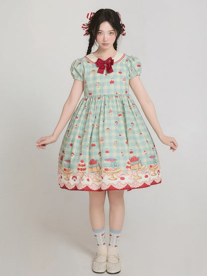 Robe Sweet Lolita vichy taille haute vert menthe à imprimé cerises et desserts