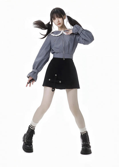 Blue&White Striped Pattern Lace Trim Peter Pan Collar Thicken Blouse