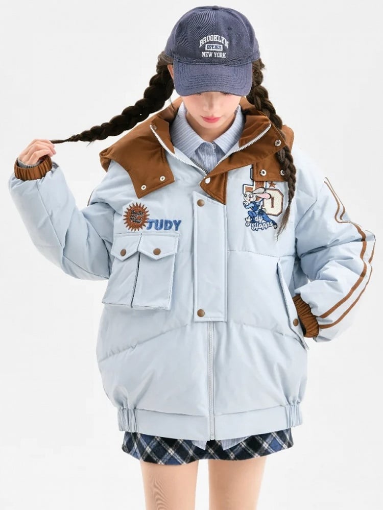 Applique Blue Thick Hooded Jacket