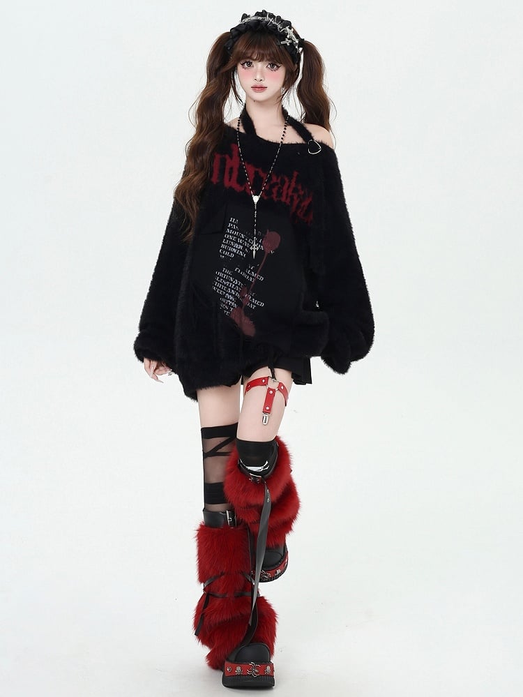 Black/Wine Red/Purple Letter Graphic Halter Neck Loose Sweater