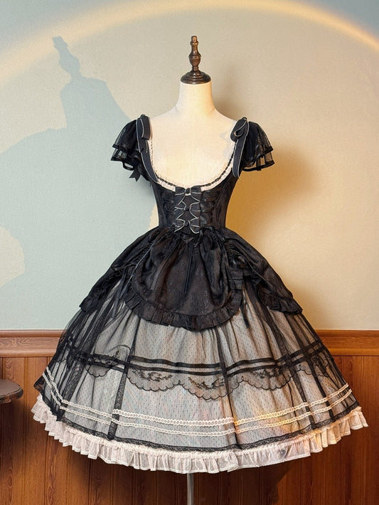 ブラックのボーン入りバスクウエスト、エレガントなアンダーバスト、クラシックなロリータジャンパースカート