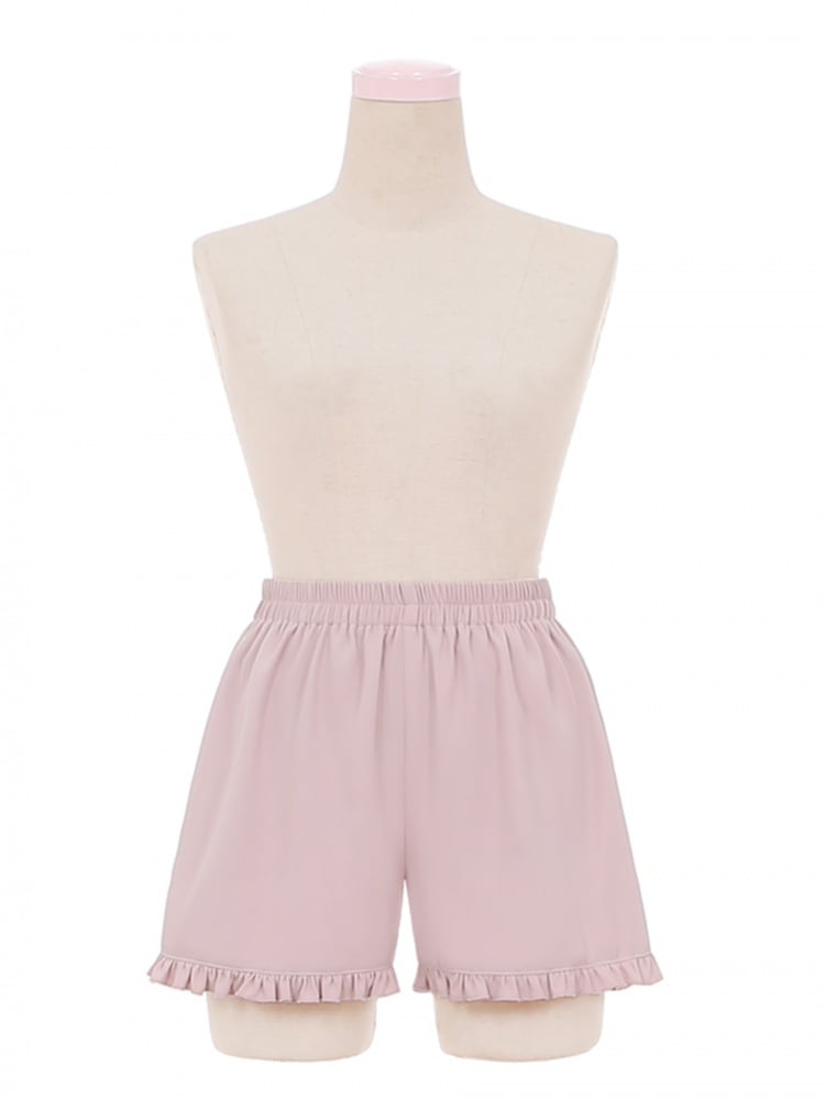 Pink Ruffle Neckline Lace Cuffs Dress Ruffle Trim Shorts