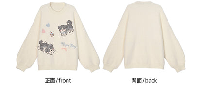White Cute Puppies Pattern Round Neck Loose Sweater