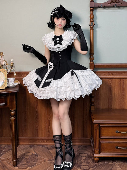 Black Neck Dress White Lolita Ruffle Fit Hem Striped Waist Layered with Sleeveless Fabric Slim and