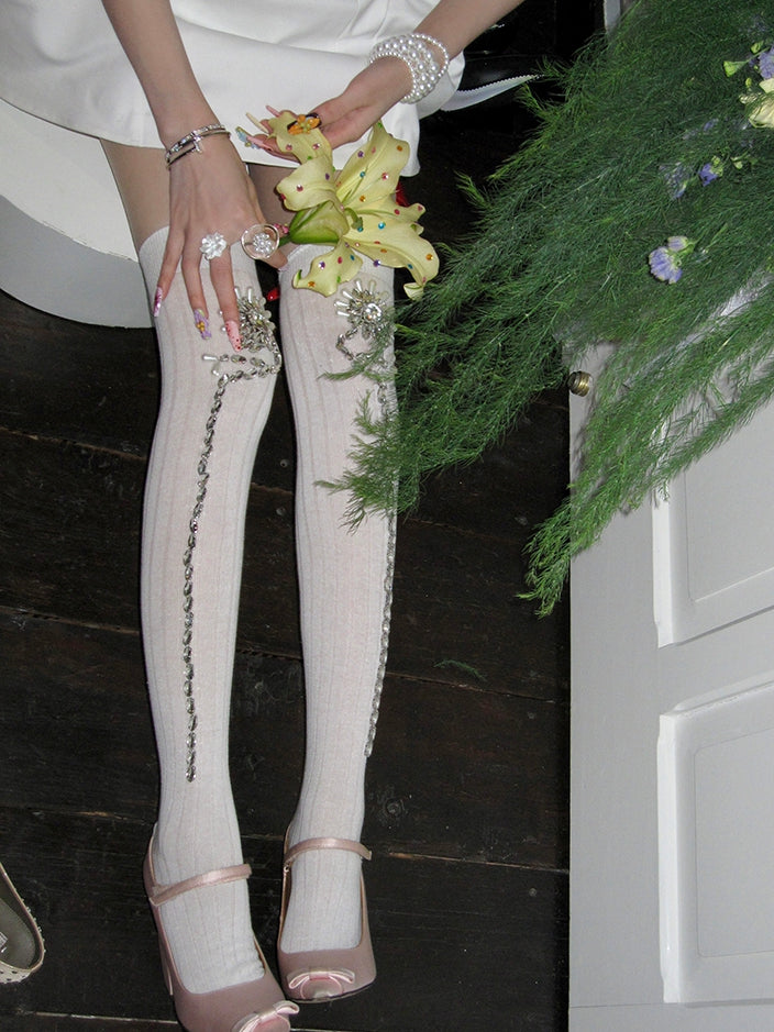 Overknee-Strümpfe in Rosa/Weiß mit Strass-Blumenverzierung