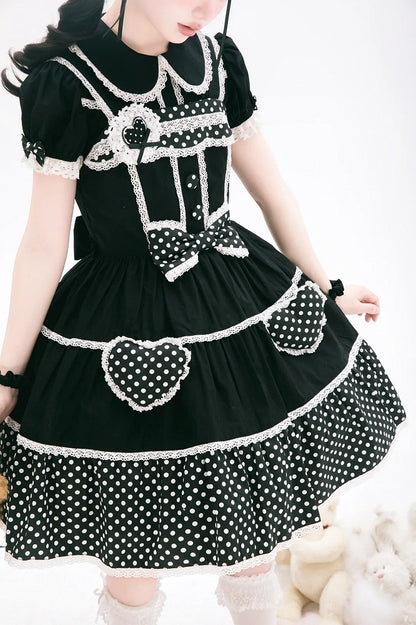 Dress School Polka Old Black Cotton White Dots Lolita