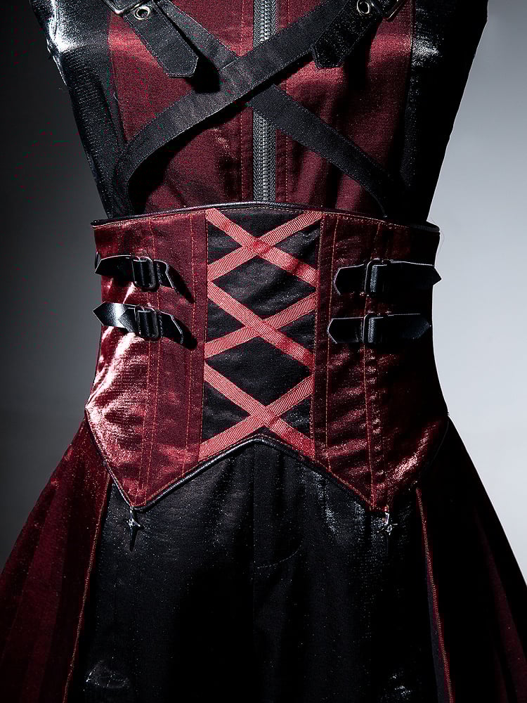 Skirt with Lolita Corset Straps Red Idol High Black Punk Belt and Waist Cascading Ruffle