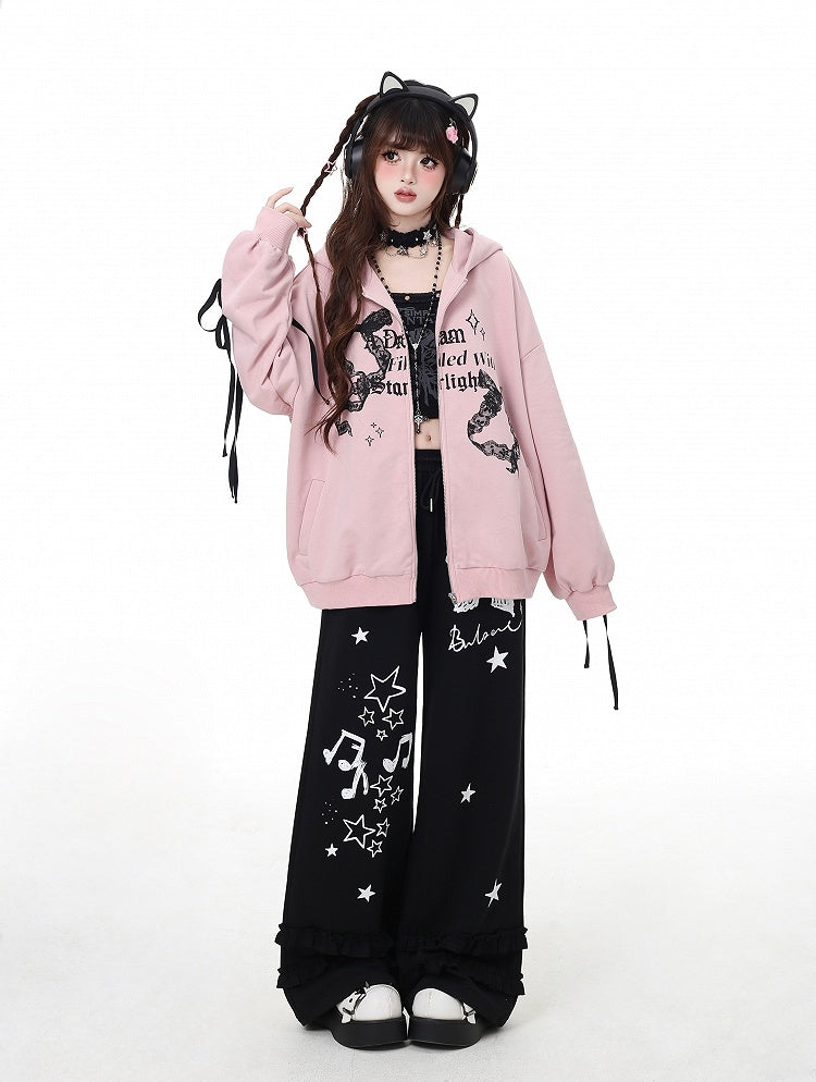 Wide-Leg Pants Black/Light Gray Bow and Star Print Vintage