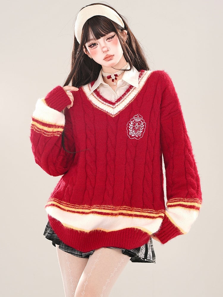 Red Preppy Style V-neck Loose Sweater