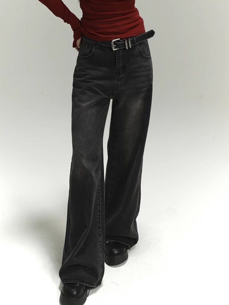 Dark Grey Faded Wash Distressed Vintage Wide-Leg Jeans