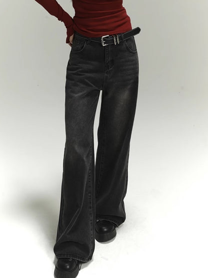 Dark Grey Faded Wash Distressed Vintage Wide-Leg Jeans