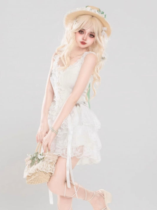 Ruffle Top Cascading White Tiered Skirt Accents Cami + With Trim