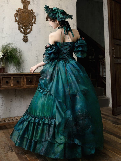 Jupe asymétrique style Lolita fée de la forêt verte, peinture à l'huile, avec pince à cheveux florale