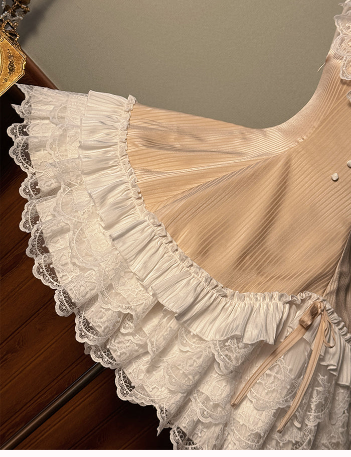 Lolita Fabric Champagne Layered Neck Ruffle Striped Dress Fit Slim Sweet Waist Sleeveless