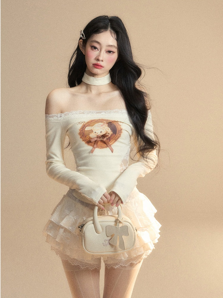 Lamb Print Waist Glamorous Top Patches Apricot Off-the-shoulder Lace Neckline