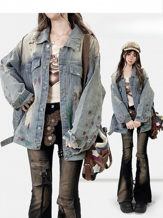 Design Jacket Holes Distressed Details Blue Print Light Denim