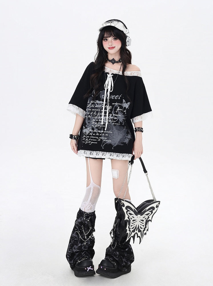 Black/White Graphic T-Shirt Hem Patches Asymmetrical Lace-up Neckline Lace