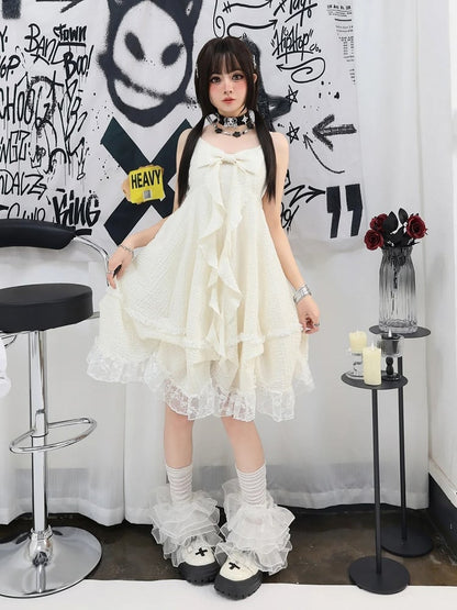 Big Bow Neckline Lace Skirt Apricot Cami Dress Trim Bubble