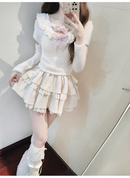 White Ruffle Neckline Cutout Sleeves Sweater with Tiered Skirt and Pink Bows Set