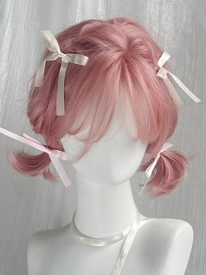 Pink Short Wavy Synthetic Wig With Bangs