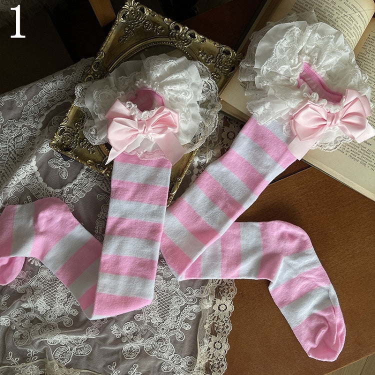 Stockings/Pink Pink Straps Stockings/White Overknee Self-tie Socks/Leg Underknee White Striped Lace Ruffle Loop