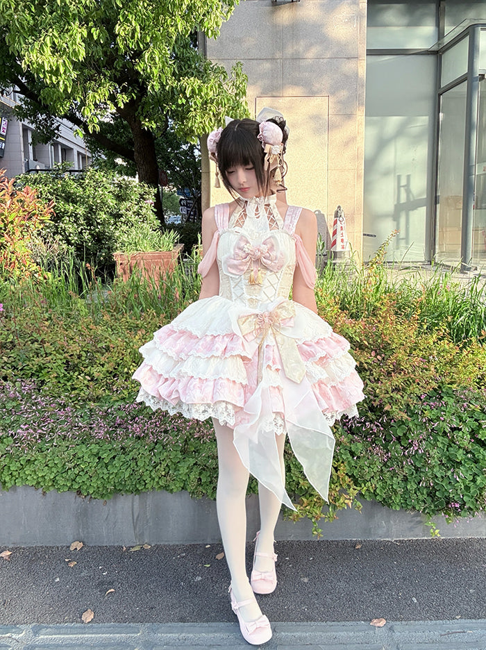 Hals Baskenkleid Taille Rosa Rock Halter Tiered Qi Abnehmbare Lolita