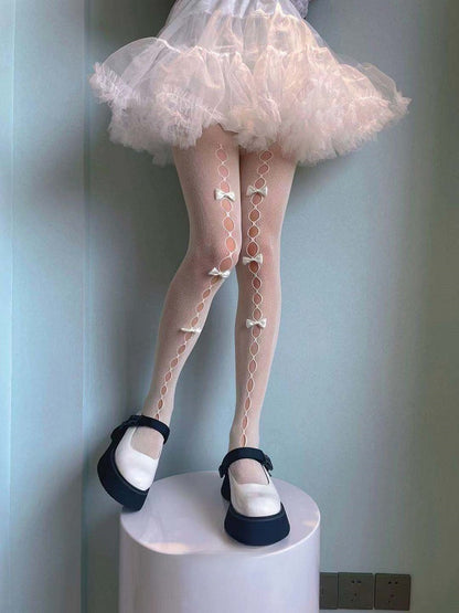 White Black Semi-sheer Bowknots Cutout Lolita Stockings