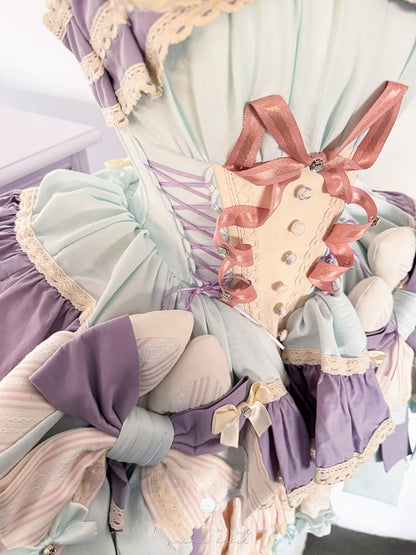 Purple Bowknots Skirt Big Lace-up Basque Waist Tiered Ruffle Sweet Lolita Dress and with Blue on