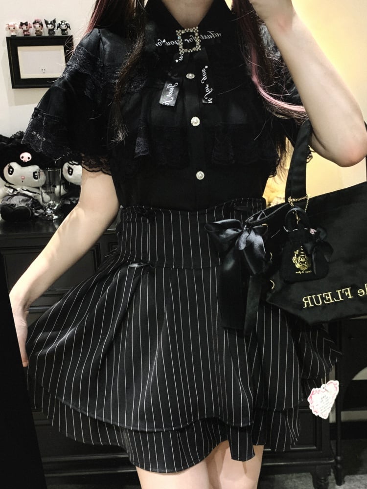 Jirai Kei Black/White/BlackWhite Lace Cape Design Short Sleeves Blouse