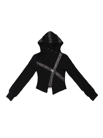 Cardigan With Denim Patchwork  Zipper Accents Black Punk Cross Knit Hooded