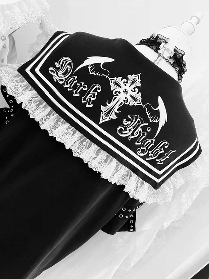 Black Sailor Collar Lace-up Details Anime Girl Print Bittersweet T-shirt