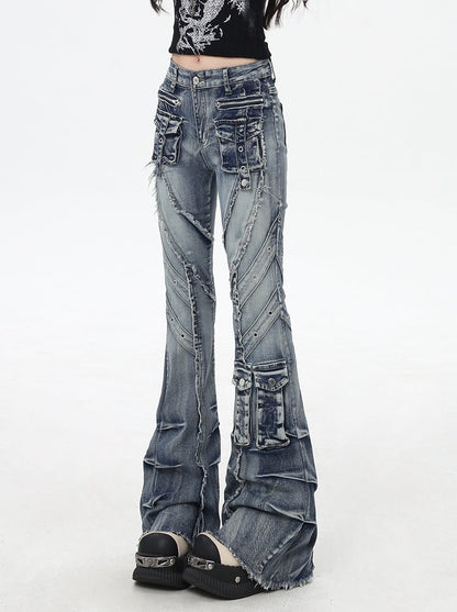 Blue Low Rise Raw Hem Faded Wash Flared Cargo Jeans Y2K