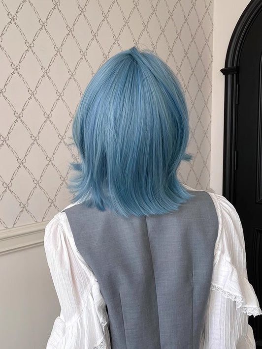 Blue 29CM Short Wig With Air Bangs