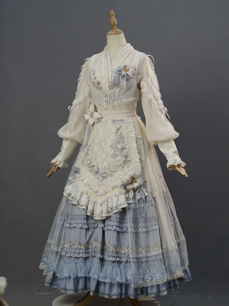 Ensemble complet Lolita JSK élégant classique avec patte de boutonnage sur le devant bleu Lily Pink House