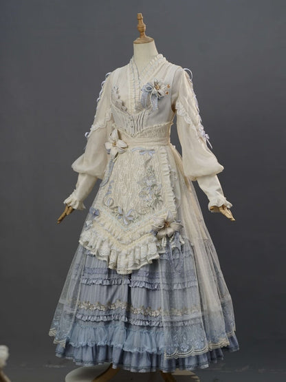 Ensemble complet Lolita JSK élégant classique avec patte de boutonnage sur le devant bleu Lily Pink House