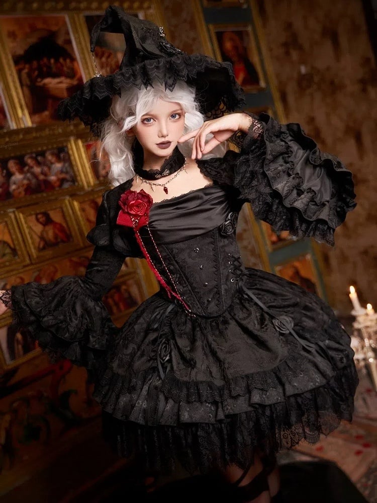 Black Drawstring Detail Gothic Lolita Layered Skirt