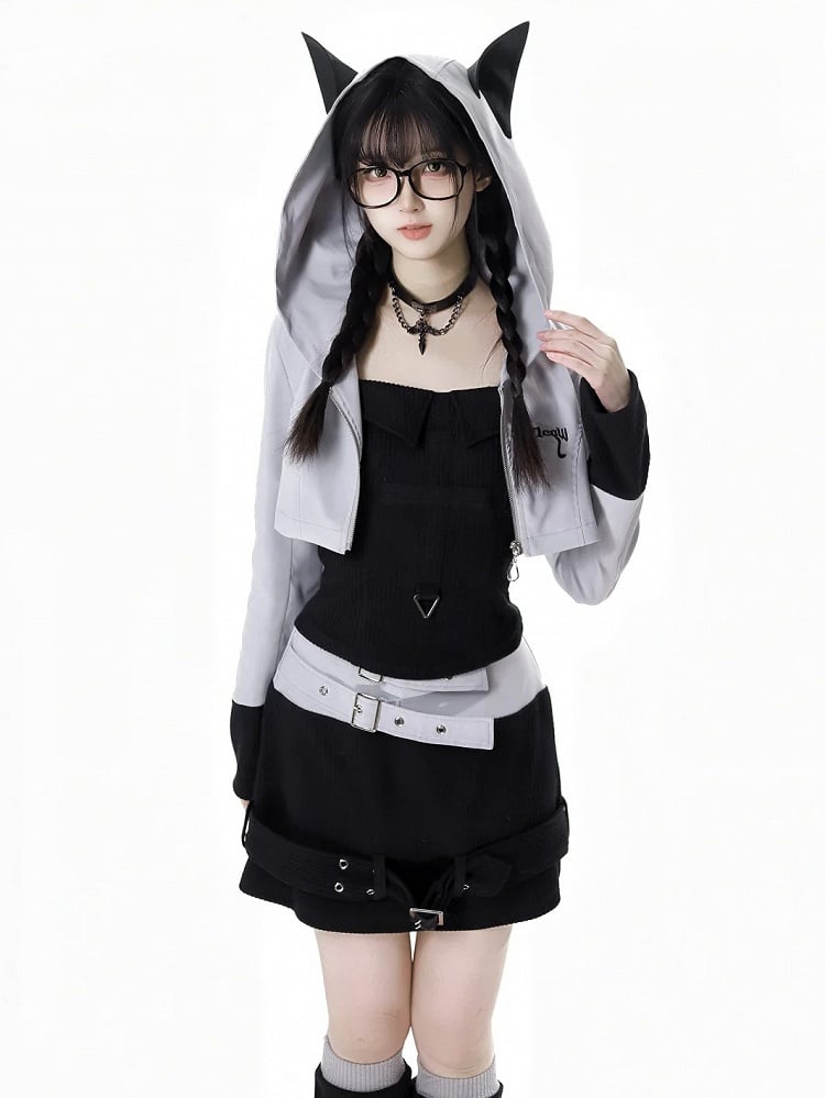 Wolf Ears Gray Zip Hood Closure Design Cropped Jacket