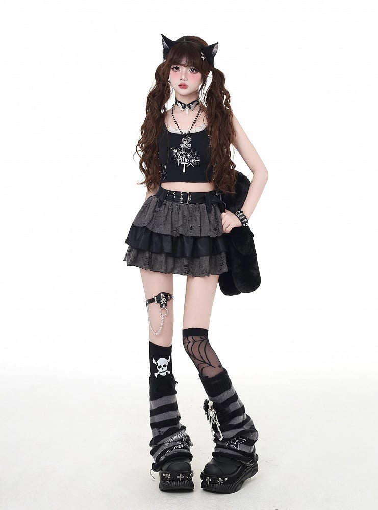 Stufenrock Grau Distressed Löcher Gefüttert