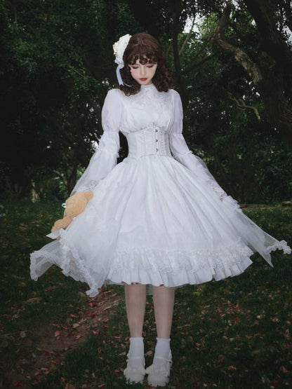 All White Lace Trimmed Trumpet Sleeves Shiro Lolita Dress