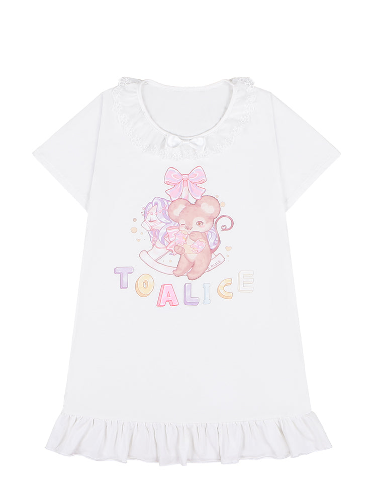 White/Pink Version Trim Adorable Lace Long Print T-Shirt Mouse